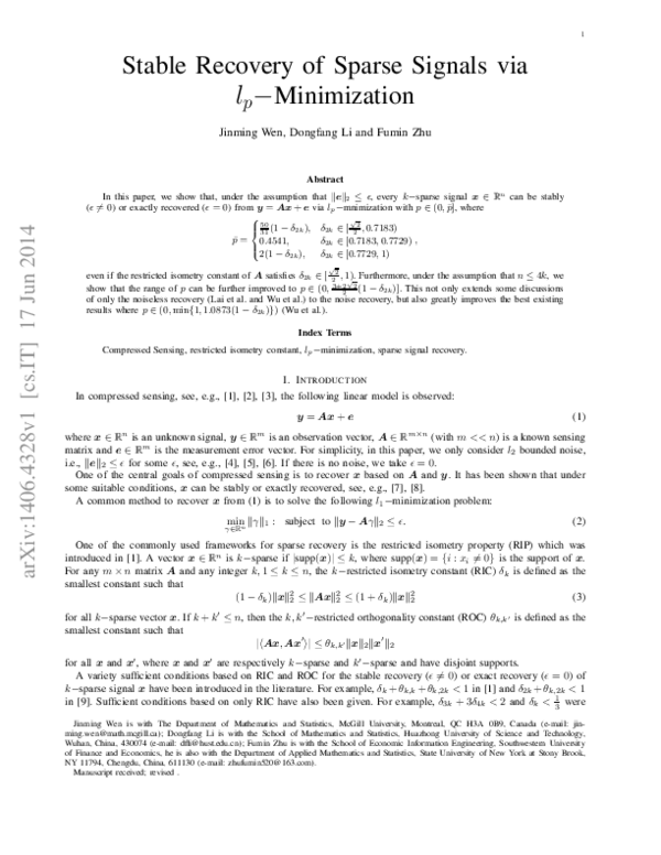 (PDF) Stable recovery of sparse signals via lp-minimization