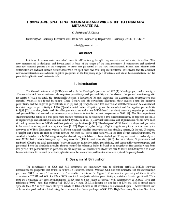 (PDF) Triangular split ring resonator and wire strip to form new ...