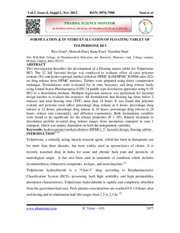 (PDF) Formulation and in vitro evaluation of floating tablets of atenolol