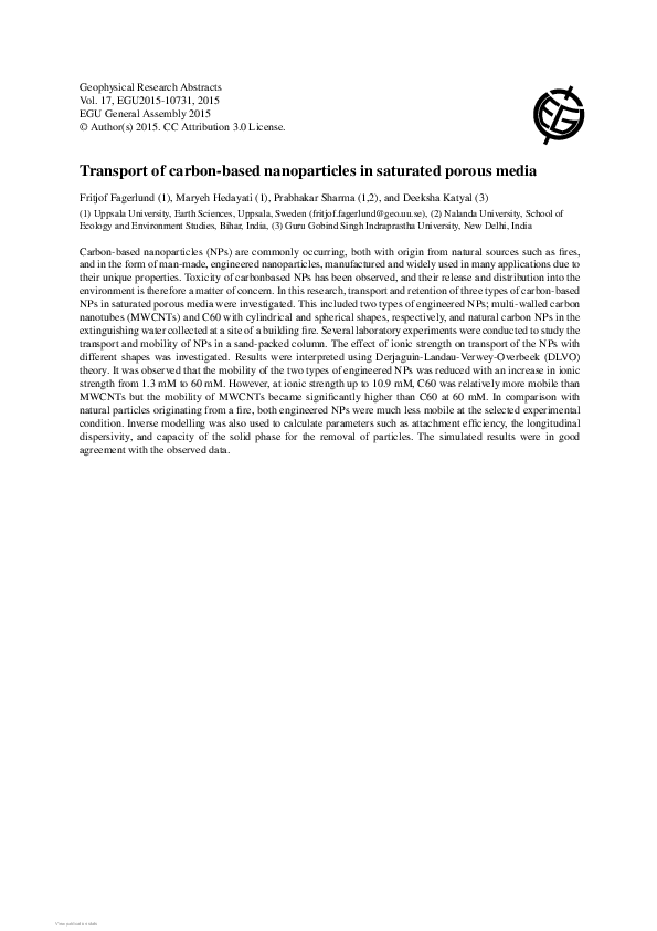 (PDF) Transport of carbon-based nanoparticles in saturated porous media