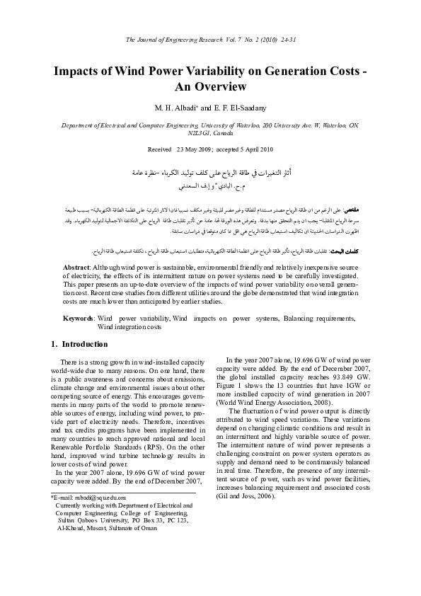 (PDF) Impacts of Wind Power Variability on Generation Costs: an Overview