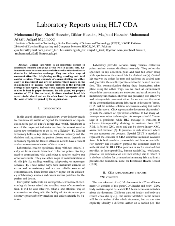 (PDF) Laboratory Reports using HL7 CDA , Muhammad Ejaz, Sharif Hussain ...