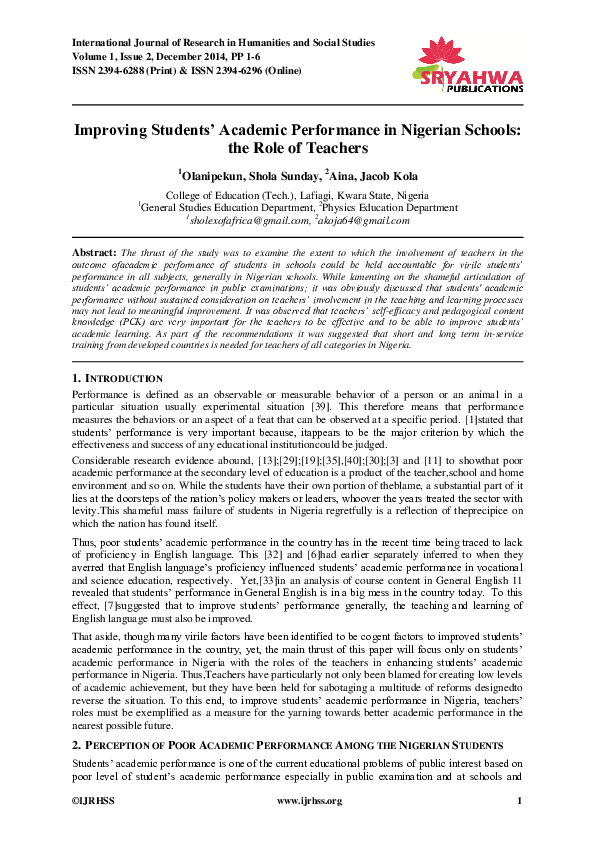 (PDF) Improving Students’ Academic Performance in Nigerian Schools: the ...