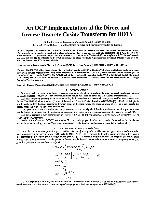 (PDF) An OCP Implementation of the Direct and Inverse Discrete Cosine ...