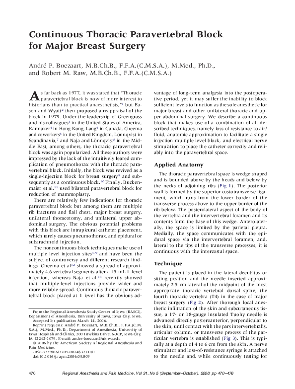 (PDF) Continuous Thoracic Paravertebral Block for Major Breast Surgery