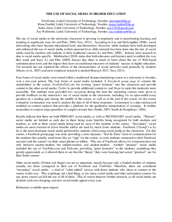 (PDF) Use of Social Media in Higher Education
