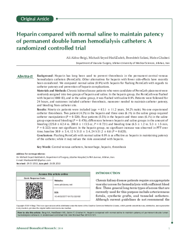(PDF) Heparin compared with normal saline to maintain patency of