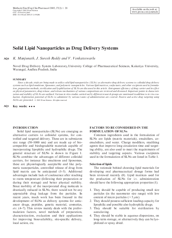 (PDF) Solid lipid nanoparticles as a drug delivery system for peptides ...