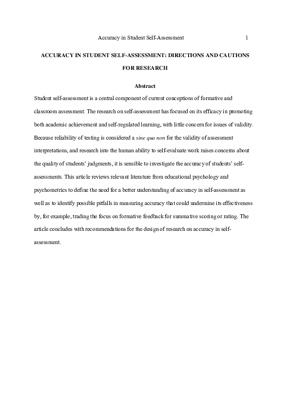 (PDF) Accuracy in student self-assessment: Directions and cautions for ...