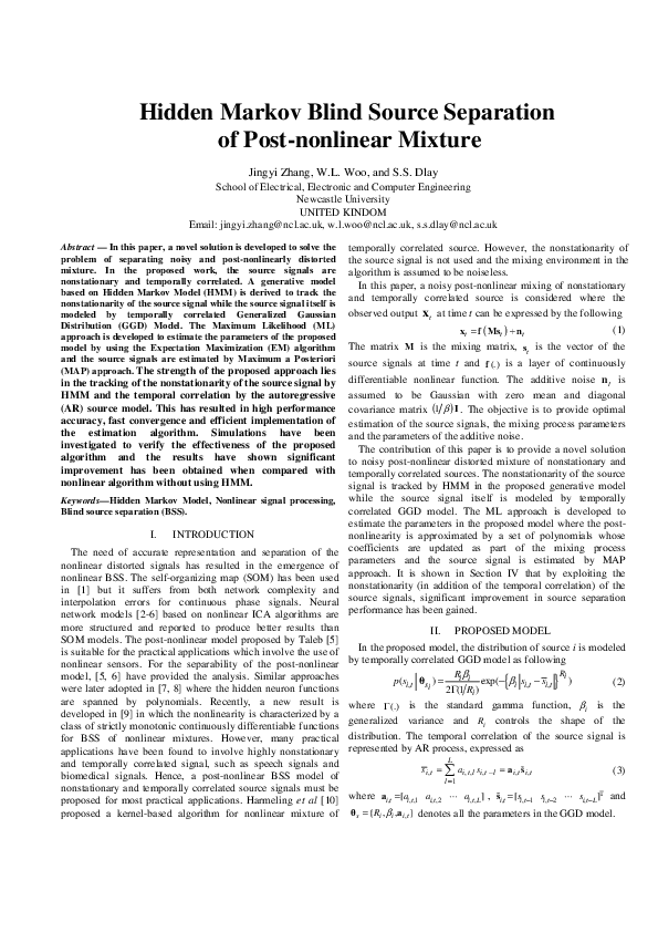 (PDF) Hidden Markov blind source separation of post-nonlinear mixture