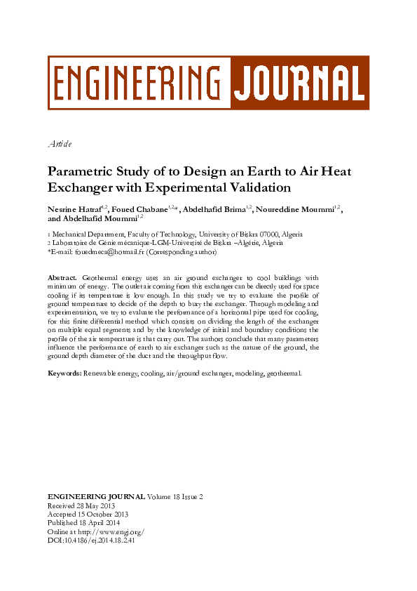 (PDF) Parametric Study of to Design an Earth to Air Heat Exchanger with ...
