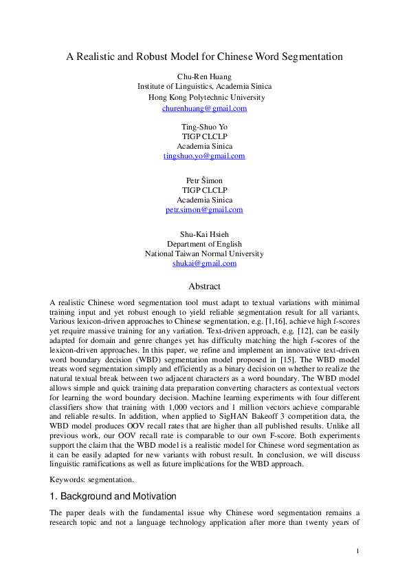 (PDF) A Realistic and Robust Model for Chinese Word Segmentation