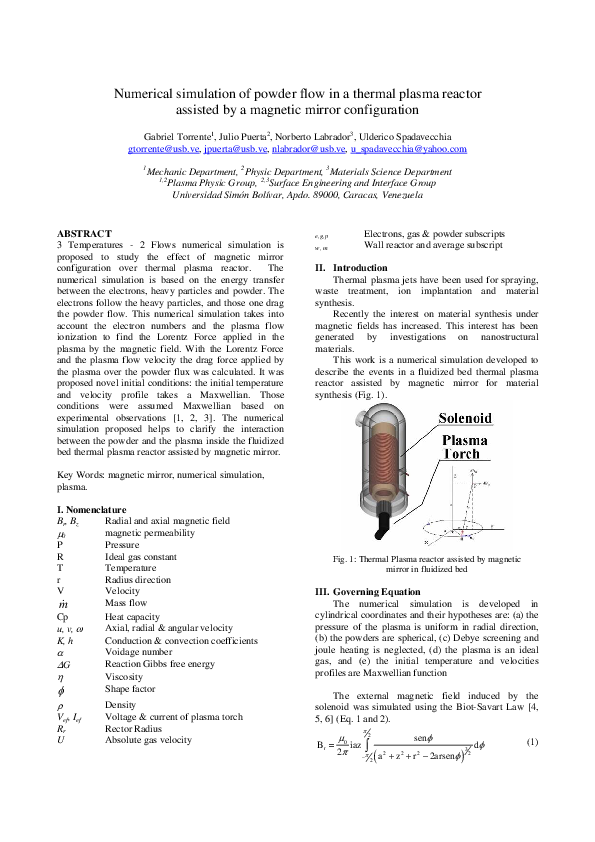(PDF) Numerical simulation of powder flow in a thermal plasma reactor ...