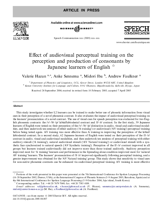 (PDF) Effect of Audiovisual Perceptual Training on the Perception and ...
