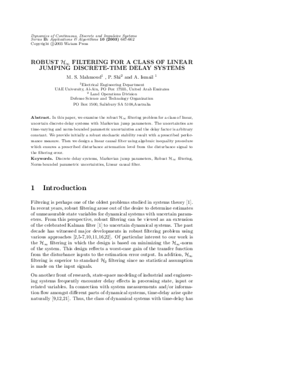 (PDF) Robust ℋ∞ filtering for a class of linear jumping discrete-time ...