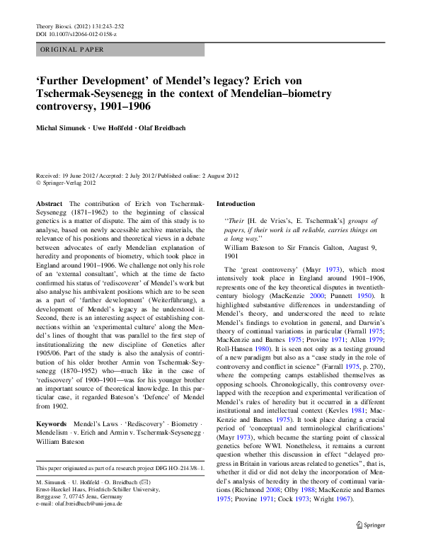  PDF Further Development Of Mendel s Legacy Erich Von Tschermak 