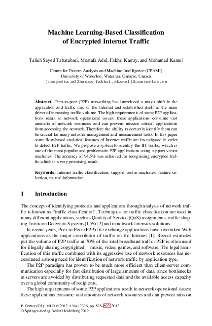 (PDF) Machine learning-based classification of encrypted internet traffic