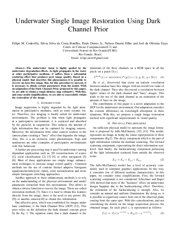 (PDF) Underwater Single Image Restoration Using Dark Channel Prior