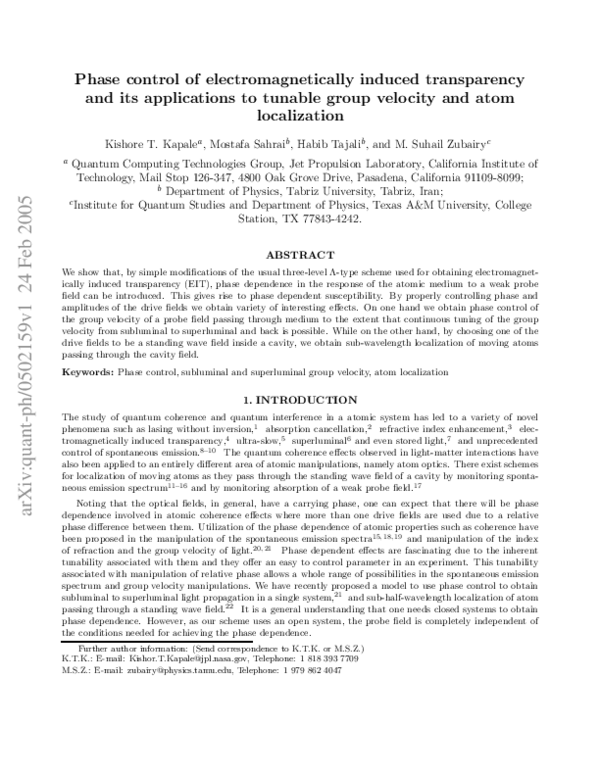 (PDF) Phase control of electromagnetically induced transparency and its ...