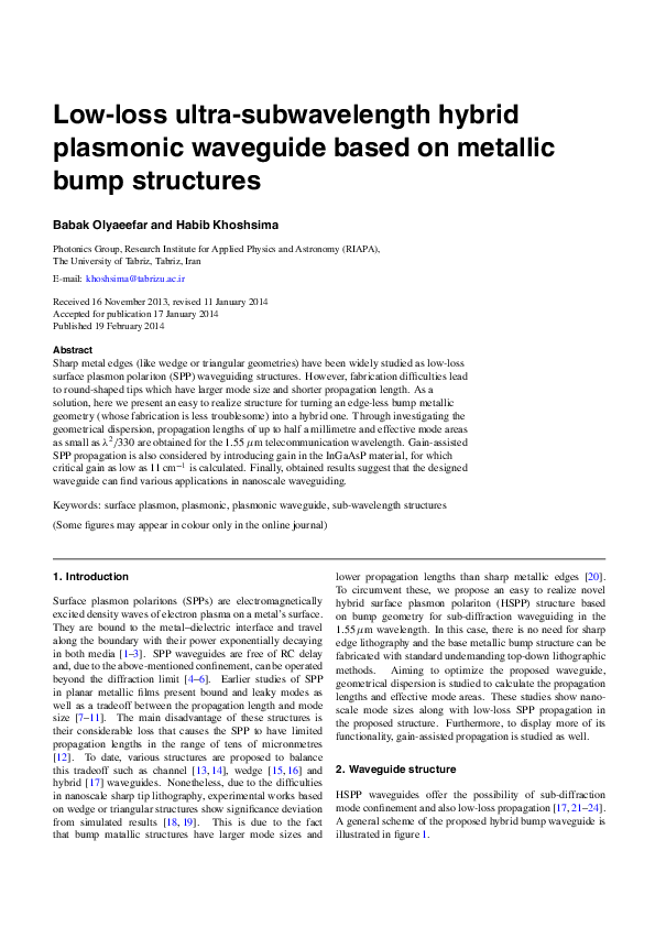 (PDF) Low-loss ultra-subwavelength hybrid plasmonic waveguide based on ...