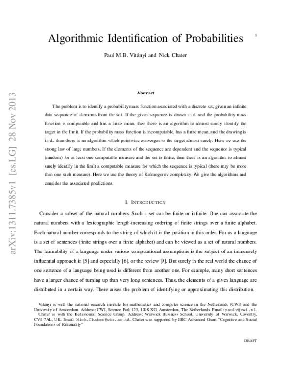 (PDF) Algorithmic Identification of Probabilities