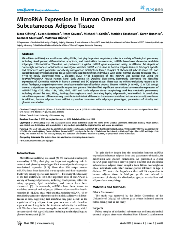 (PDF) MicroRNA Expression in Human Omental and Subcutaneous Adipose Tissue