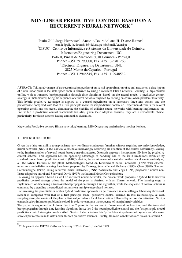 (PDF) Non-Linear Predictive Control Based on a Recurrent Neural Network