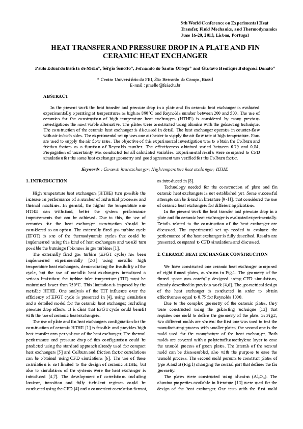 (PDF) Heat Transfer and Pressure Drop in a Plate Fin Ceramic Heat Exchanger