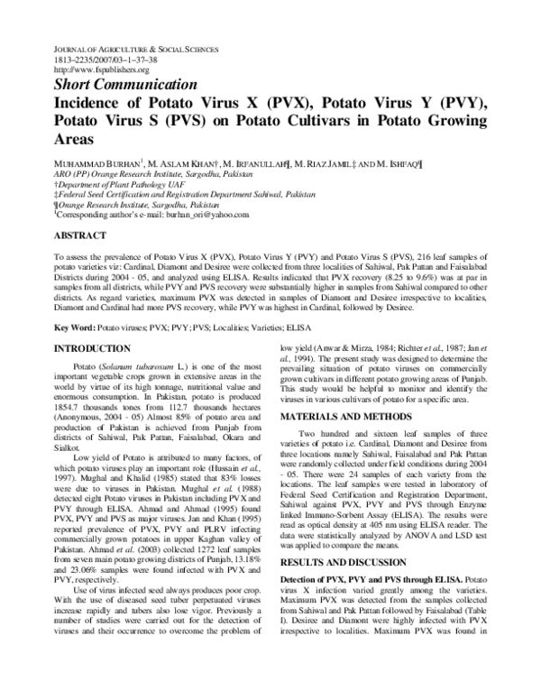 (PDF) Short Communication Incidence of Potato Virus X (PVX), Potato