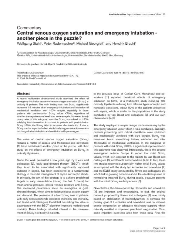 (PDF) Central venous oxygen saturation and emergency intubation ...