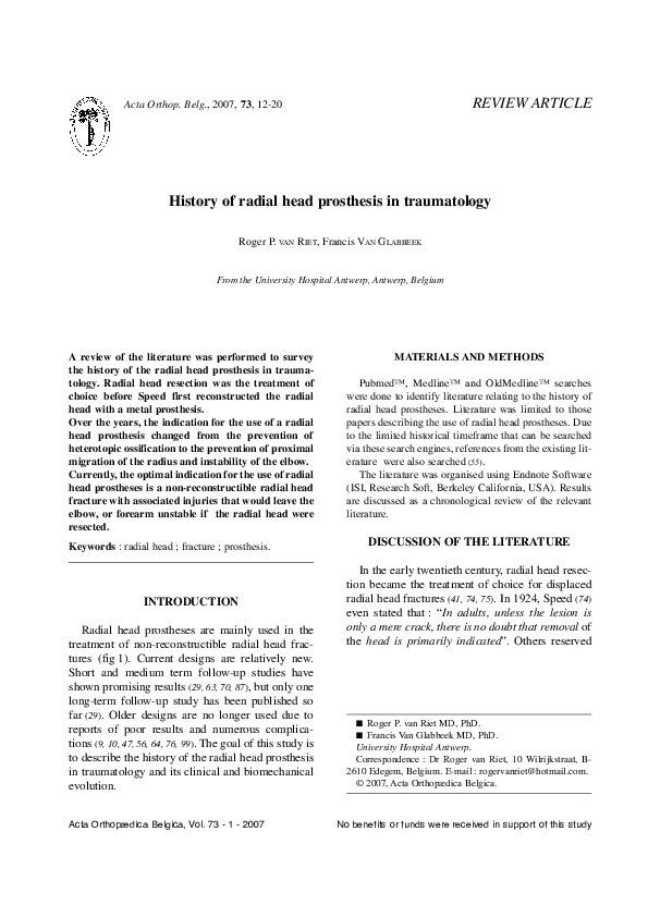 (PDF) History of radial head prosthesis in traumatology