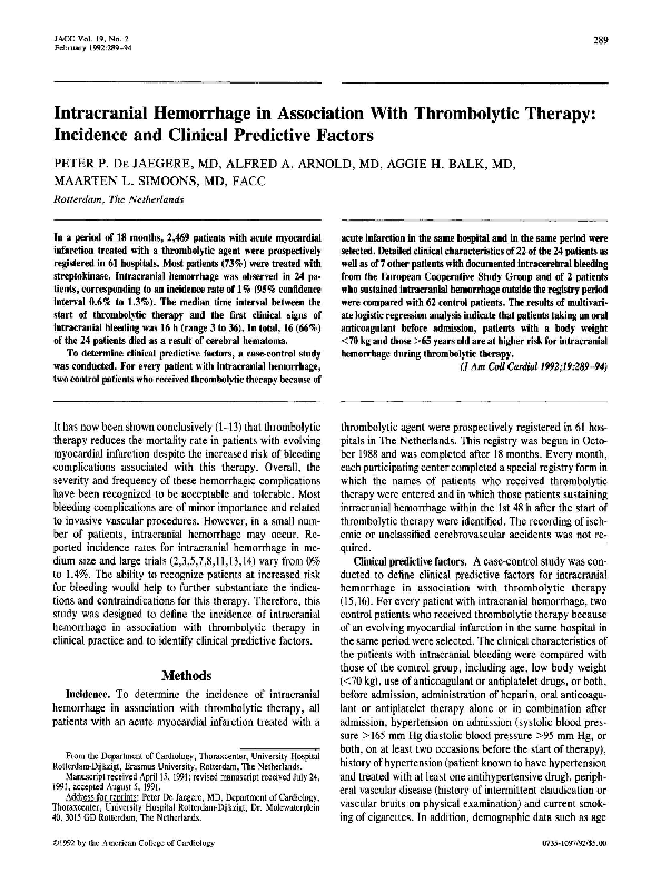 Intracranial hemorrhage in association with thrombolytic therapy: Incidence and clinical predictive factors