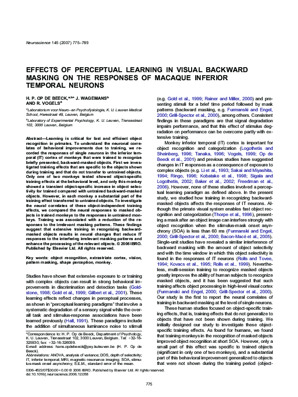 (PDF) Effects of perceptual learning in visual backward masking on the ...