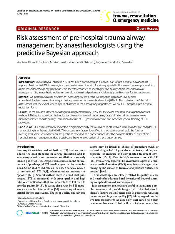(PDF) Risk assessment of pre-hospital trauma airway management by ...