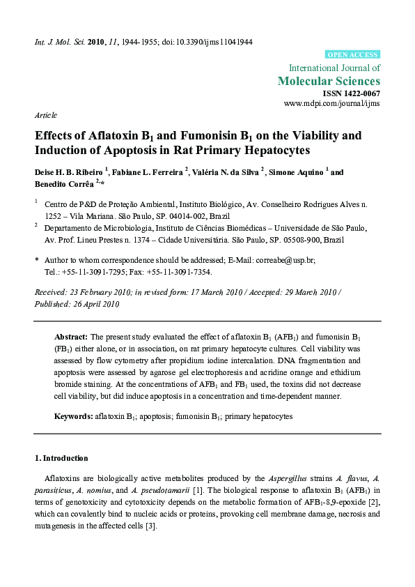 (PDF) Effects of Aflatoxin B1 and Fumonisin B1 on the Viability and ...