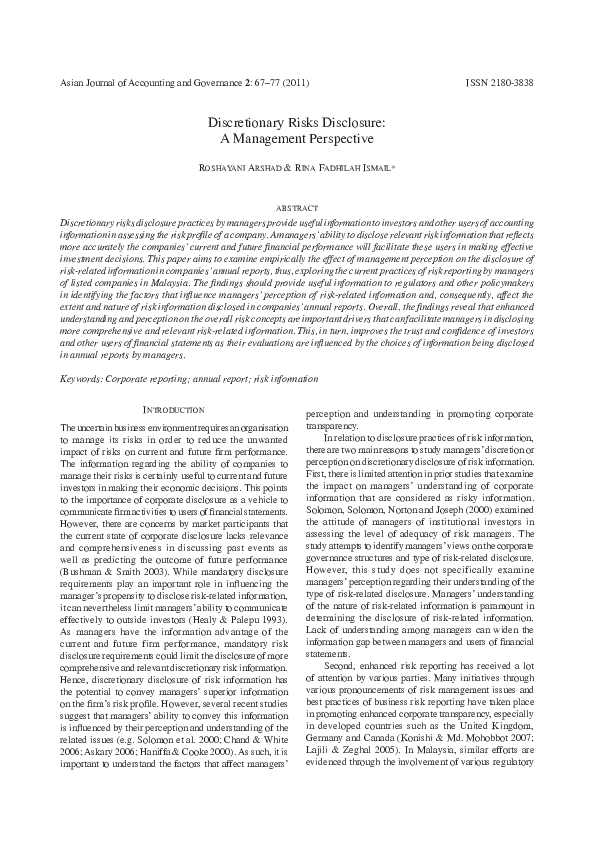 (PDF) Discretionary risks disclosure: a management perspective | Rina ...