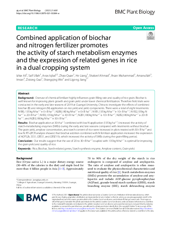 (PDF) Combined application of biochar and nitrogen fertilizer promotes ...