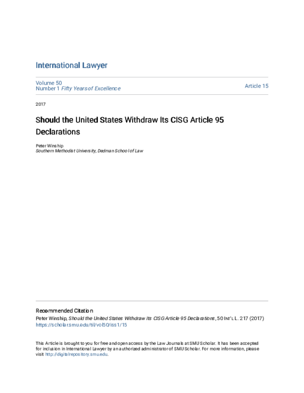 (PDF) Should the United States Withdraw Its CISG Article 95 Declarations