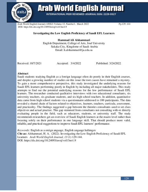 (PDF) Investigating the Low English Proficiency of Saudi EFL Learners