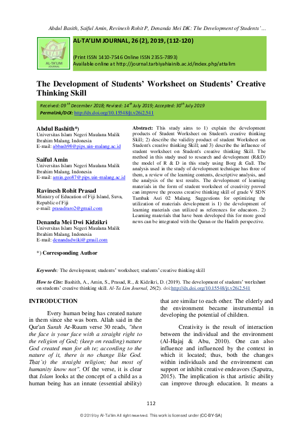 (PDF) The Development of Students’ Worksheet on Students’ Creative ...