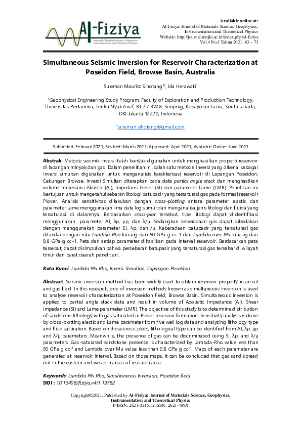 (PDF) Simultaneous Seismic Inversion for Reservoir Characterization at ...