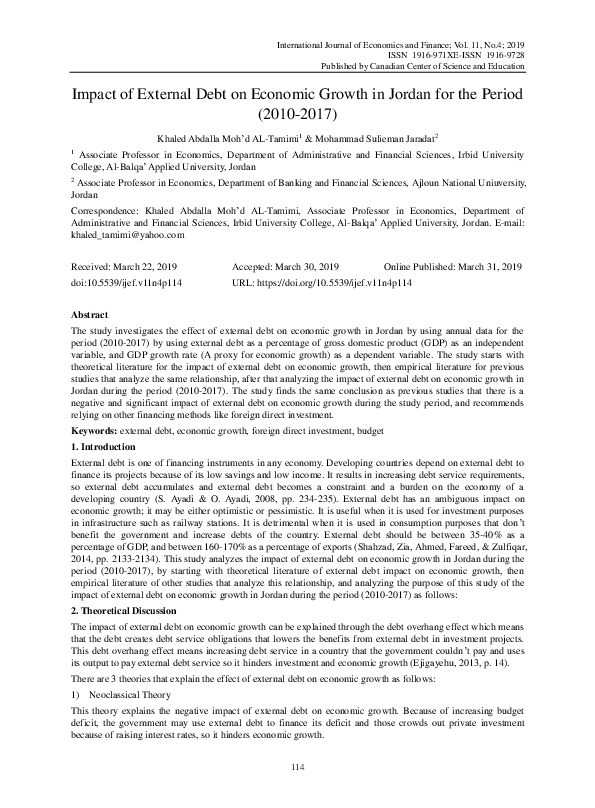(PDF) Impact of External Debt on Economic Growth in Jordan for the ...