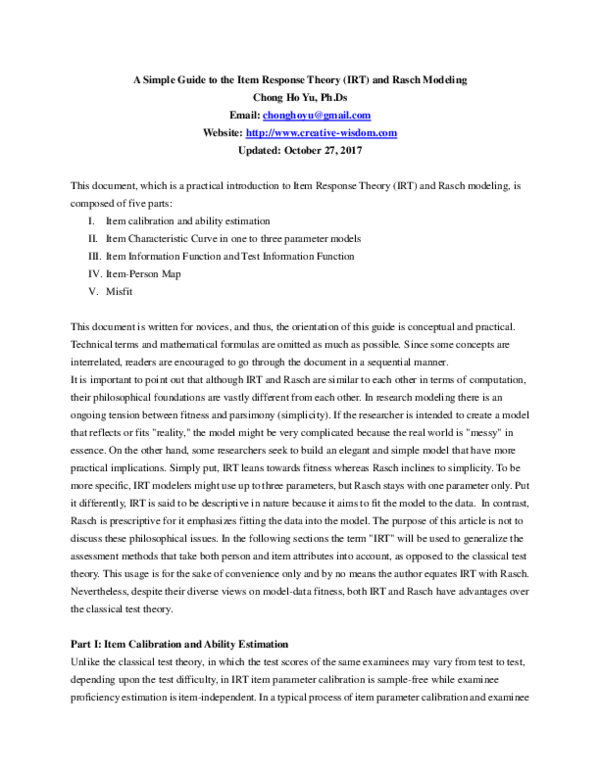 (PDF) A Simple Guide to the Item Response Theory ( IRT ) and Rasch Modeling