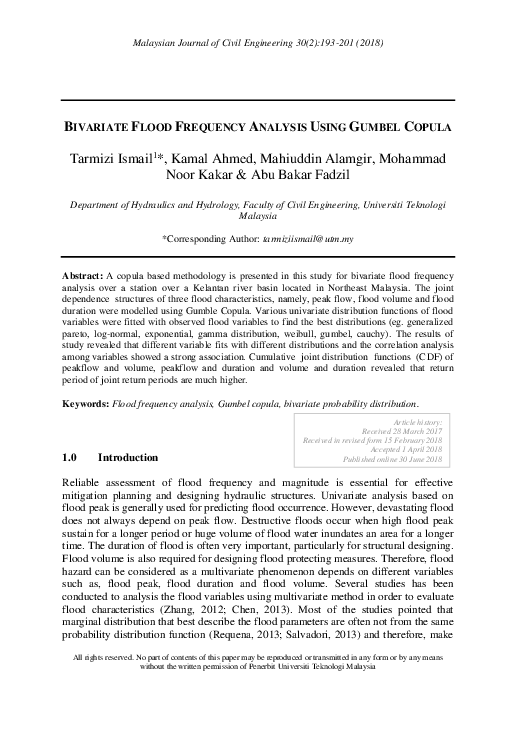 (PDF) Bivariate Flood Frequency Analysis Using Gumbel Copula