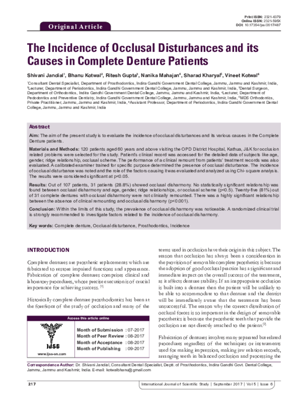 (PDF) The Incidence of Occlusal Disturbances and its Causes in Complete