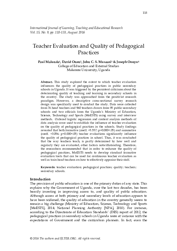 (PDF) Teacher Evaluation and Quality of Pedagogical Practices