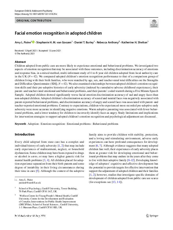 (PDF) Facial emotion recognition in adopted children
