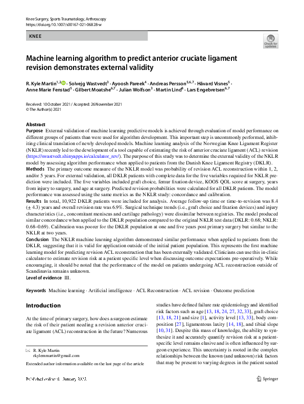 (PDF) Machine learning algorithm to predict anterior cruciate ligament ...