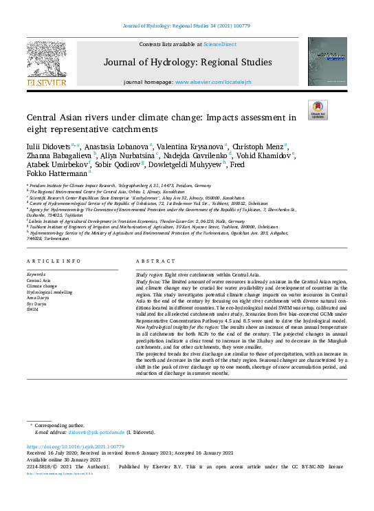 (PDF) Central Asian rivers under climate change: Impacts assessment in ...