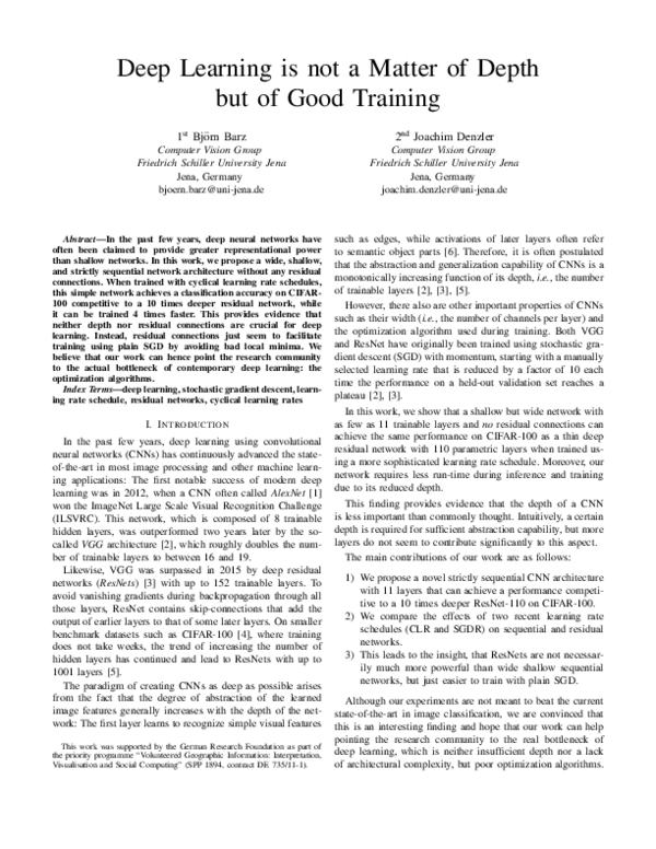 (PDF) Deep Learning is not a Matter of Depth but of Good Training 1